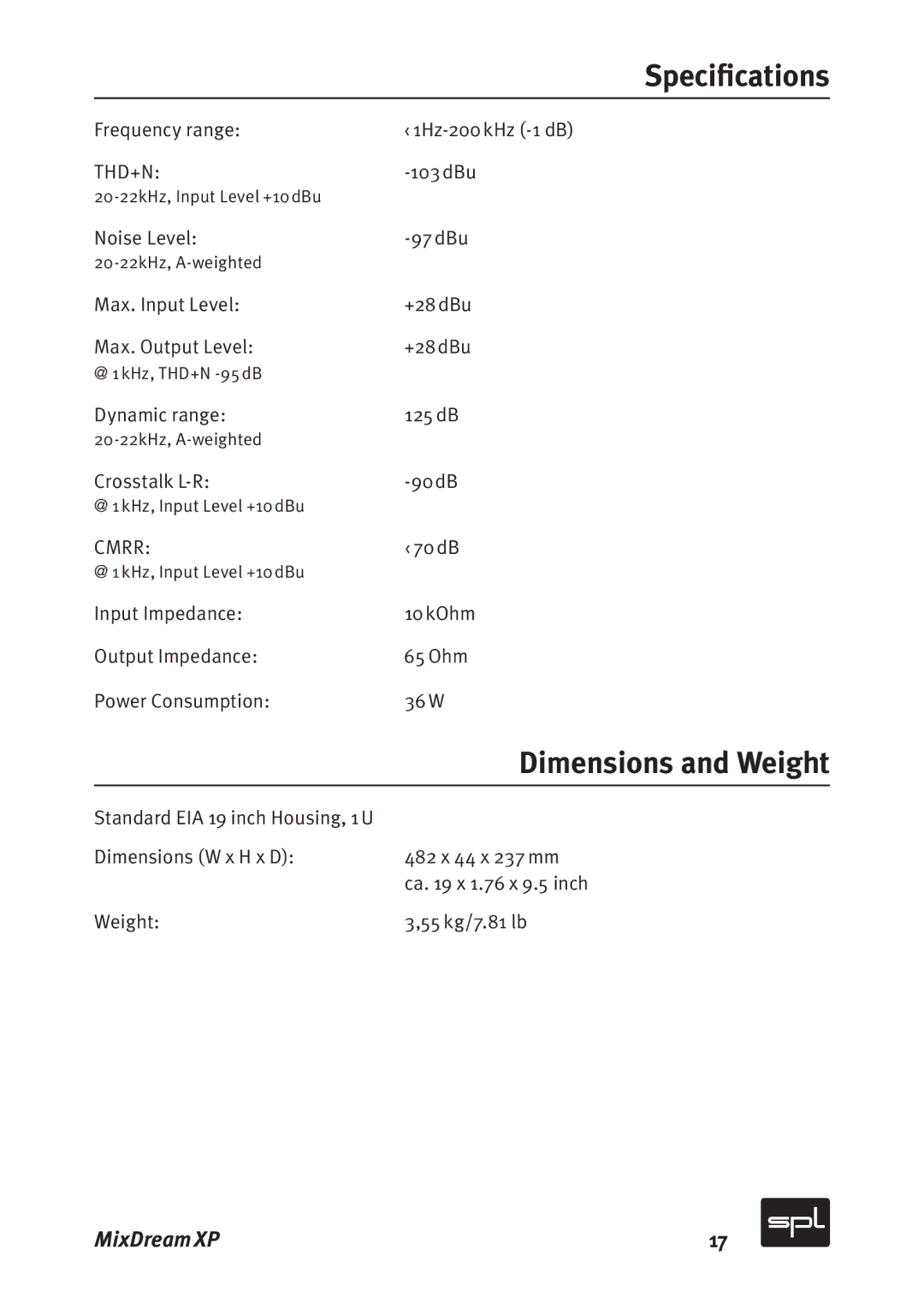 Sound Performance Lab Model 2591 manual Speciﬁcations, Thd+N 