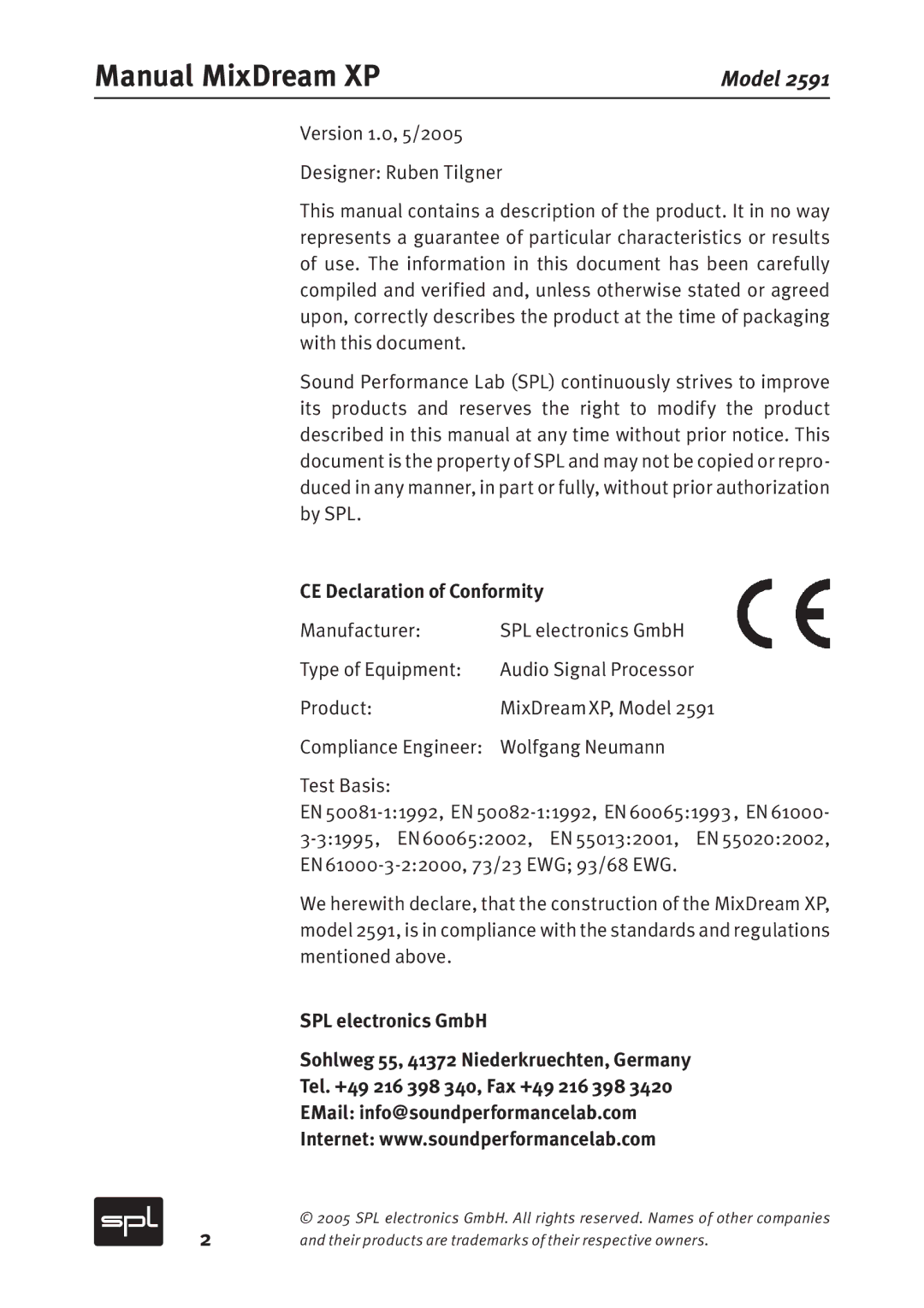 Sound Performance Lab Model 2591 manual Manual MixDream XP 