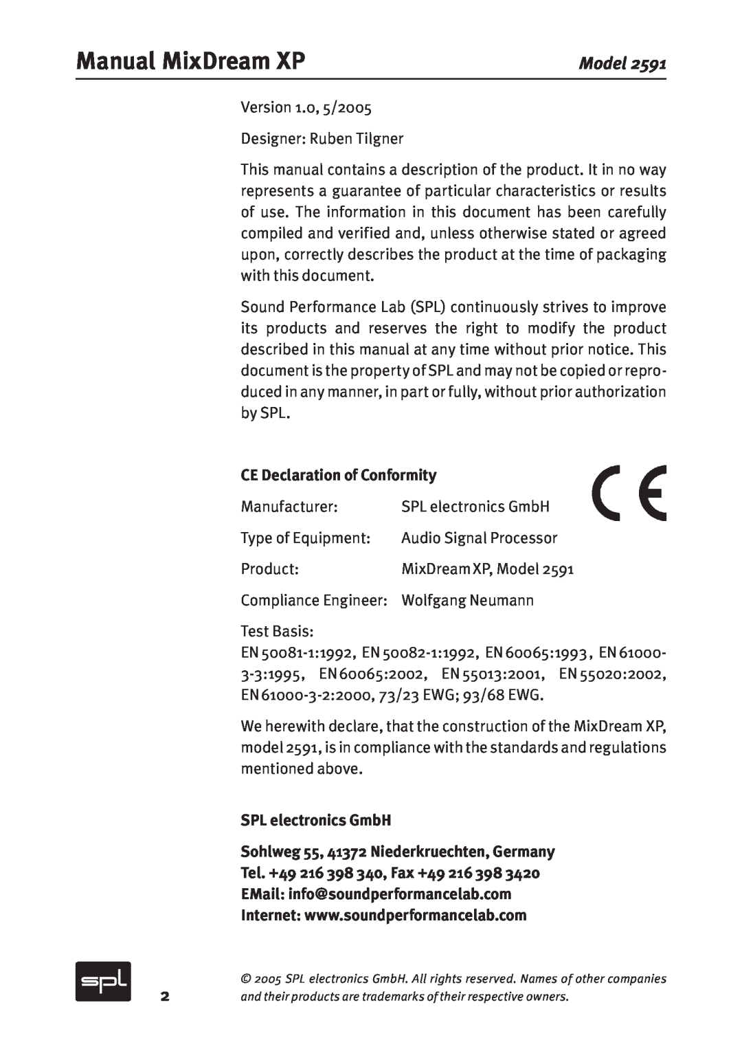 Sound Performance Lab Model 2591 manual Manual MixDream XP, CE Declaration of Conformity, SPL electronics GmbH 