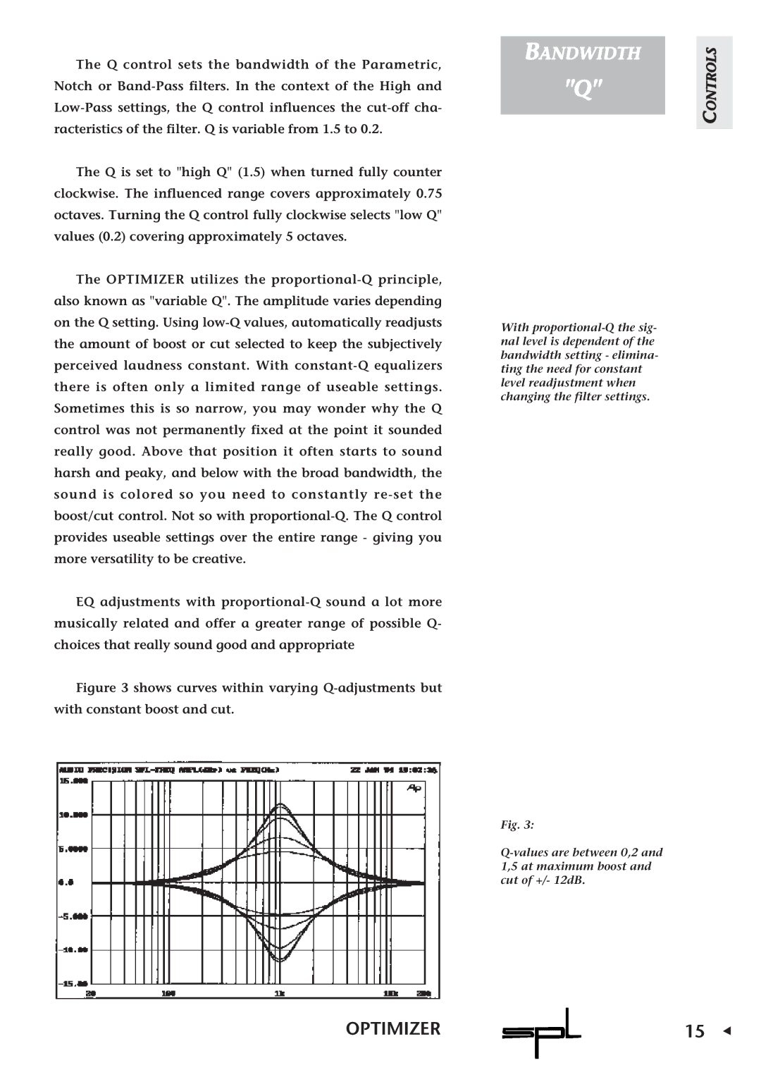 Sound Performance Lab Parametric Equalizer owner manual Bandwidth, Ontrols C 