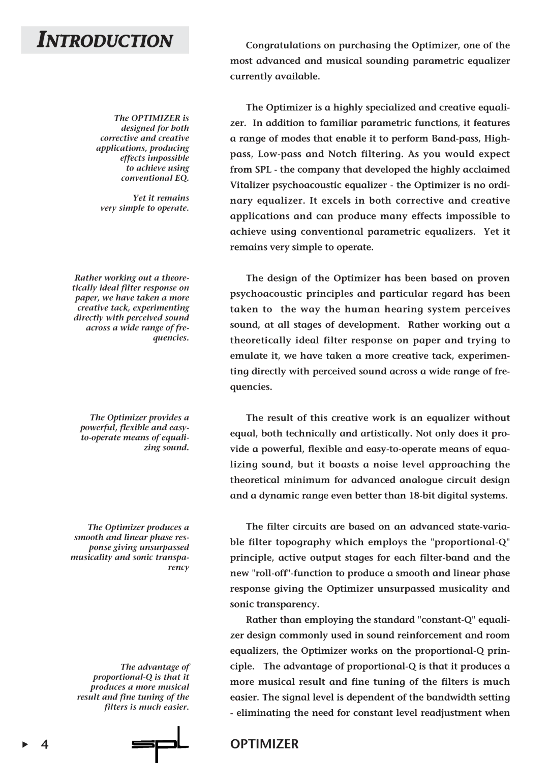 Sound Performance Lab Parametric Equalizer owner manual Introduction, Optimizer 