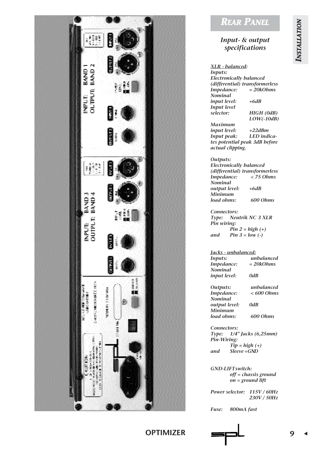 Sound Performance Lab Parametric Equalizer owner manual Rear Panel, Input- & output Specifications 