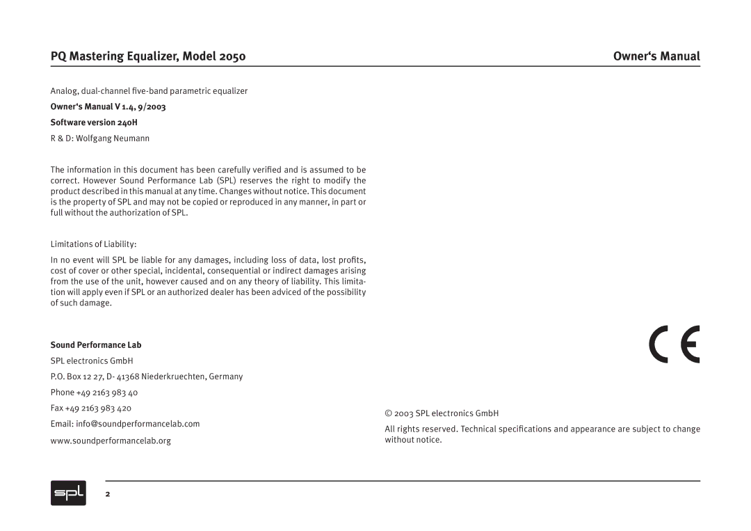 Sound Performance Lab owner manual PQ Mastering Equalizer, Model, Owner‘s Manual V 1.4, 9/2003 Software version 240H 