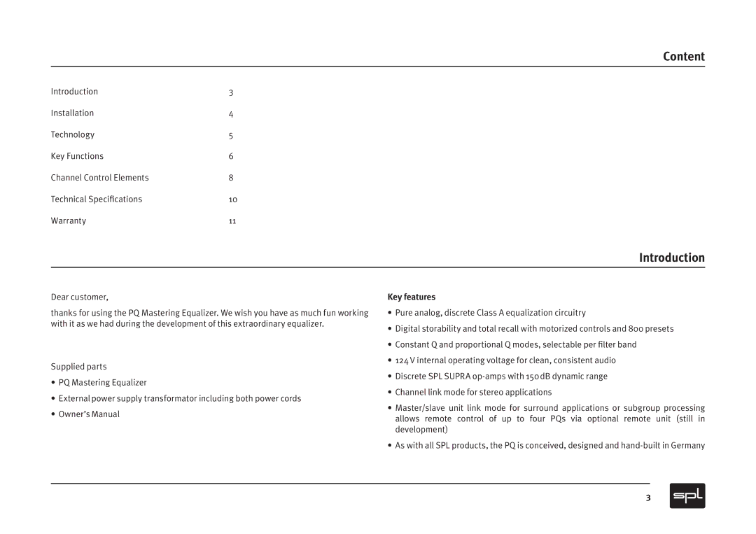 Sound Performance Lab PQ Mastering Equalizer owner manual Content, Introduction, Key features 