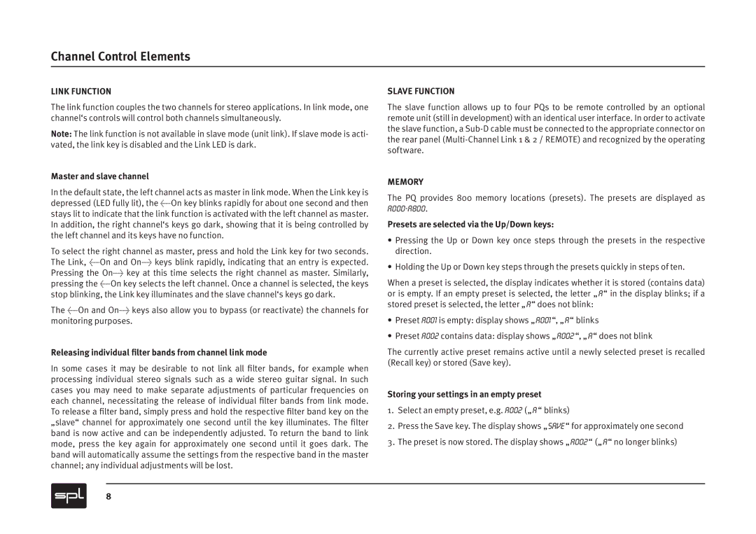 Sound Performance Lab PQ Mastering Equalizer owner manual Channel Control Elements, Master and slave channel 