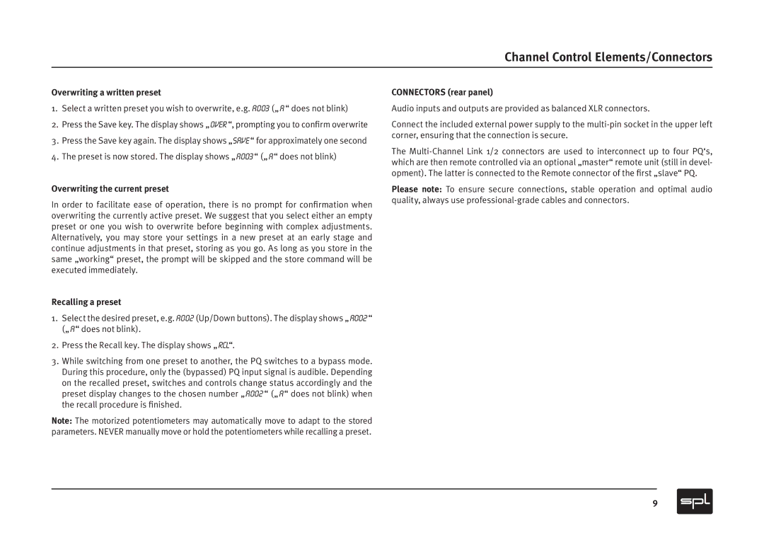 Sound Performance Lab PQ Mastering Equalizer owner manual Channel Control Elements/Connectors, Overwriting a written preset 