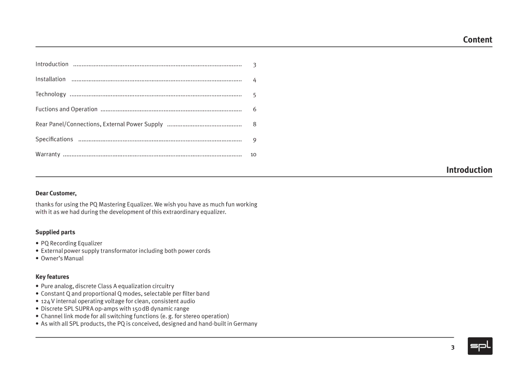Sound Performance Lab PQ Recording Equalizer Content, Introduction, Dear Customer, Supplied parts, Key features 