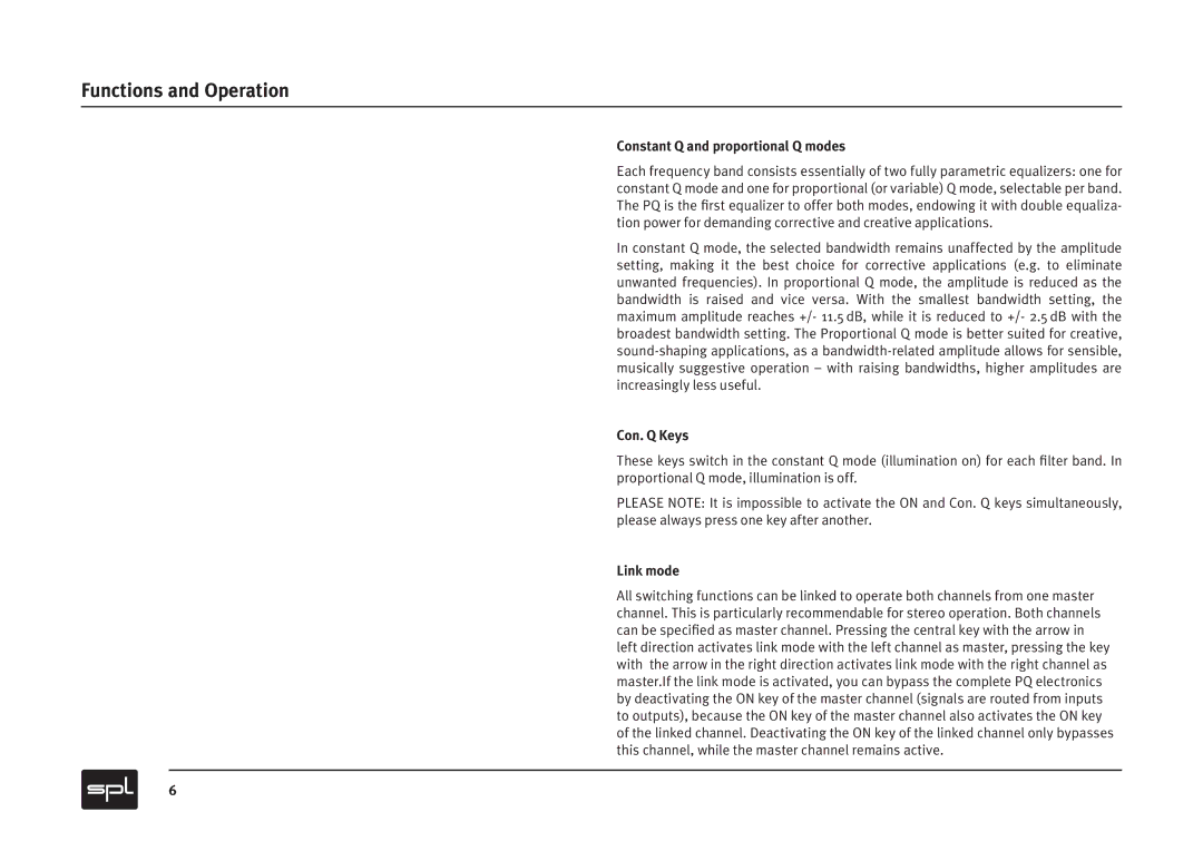 Sound Performance Lab PQ Recording Equalizer Functions and Operation, Constant Q and proportional Q modes, Con. Q Keys 