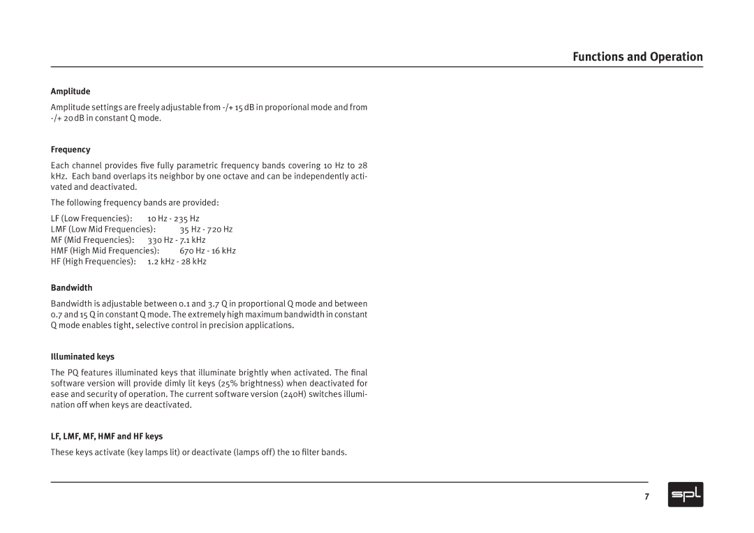 Sound Performance Lab PQ Recording Equalizer owner manual Amplitude, Frequency, Bandwidth, Illuminated keys 