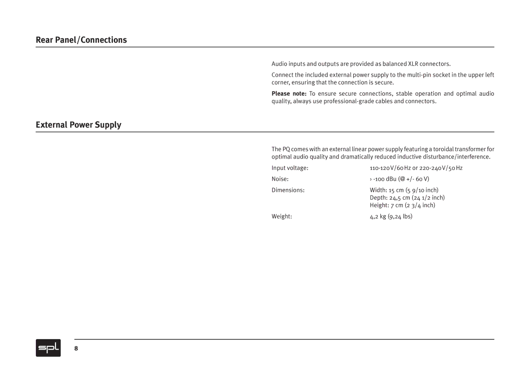 Sound Performance Lab PQ Recording Equalizer owner manual Rear Panel/Connections, External Power Supply 