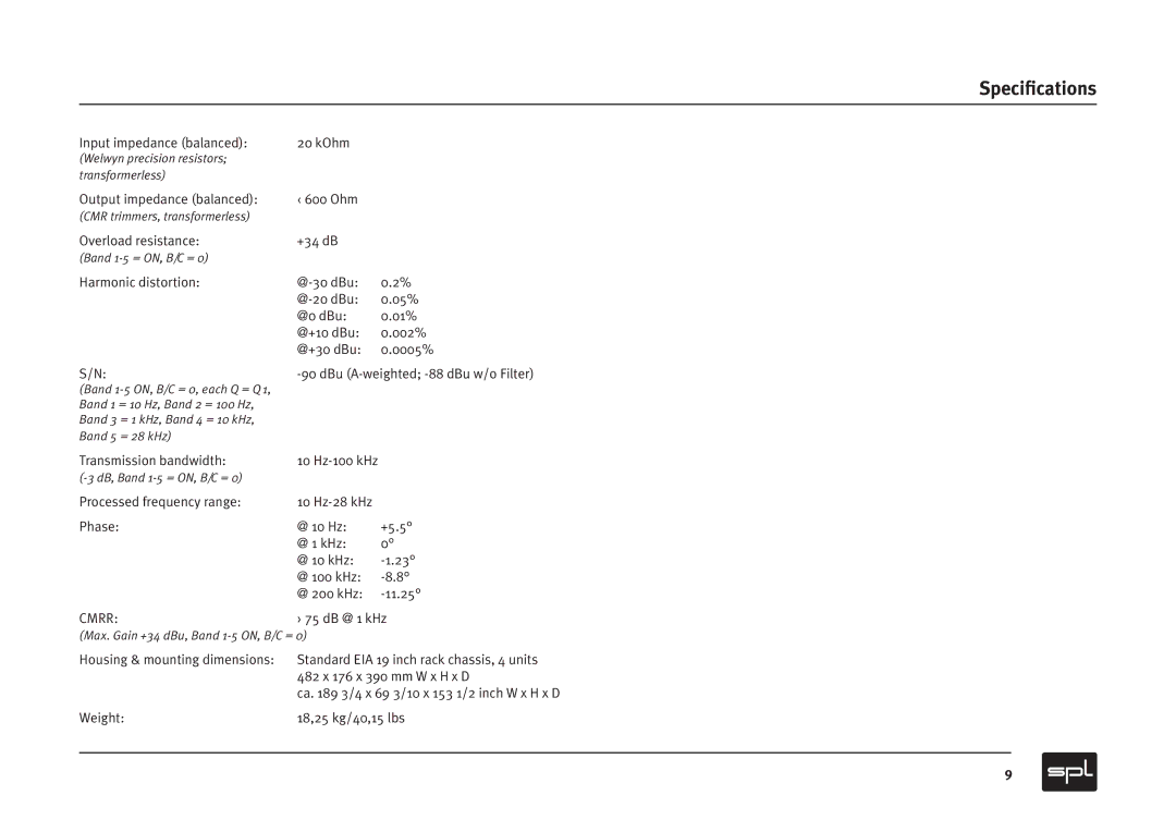 Sound Performance Lab PQ Recording Equalizer owner manual Speciﬁcations, Cmrr 