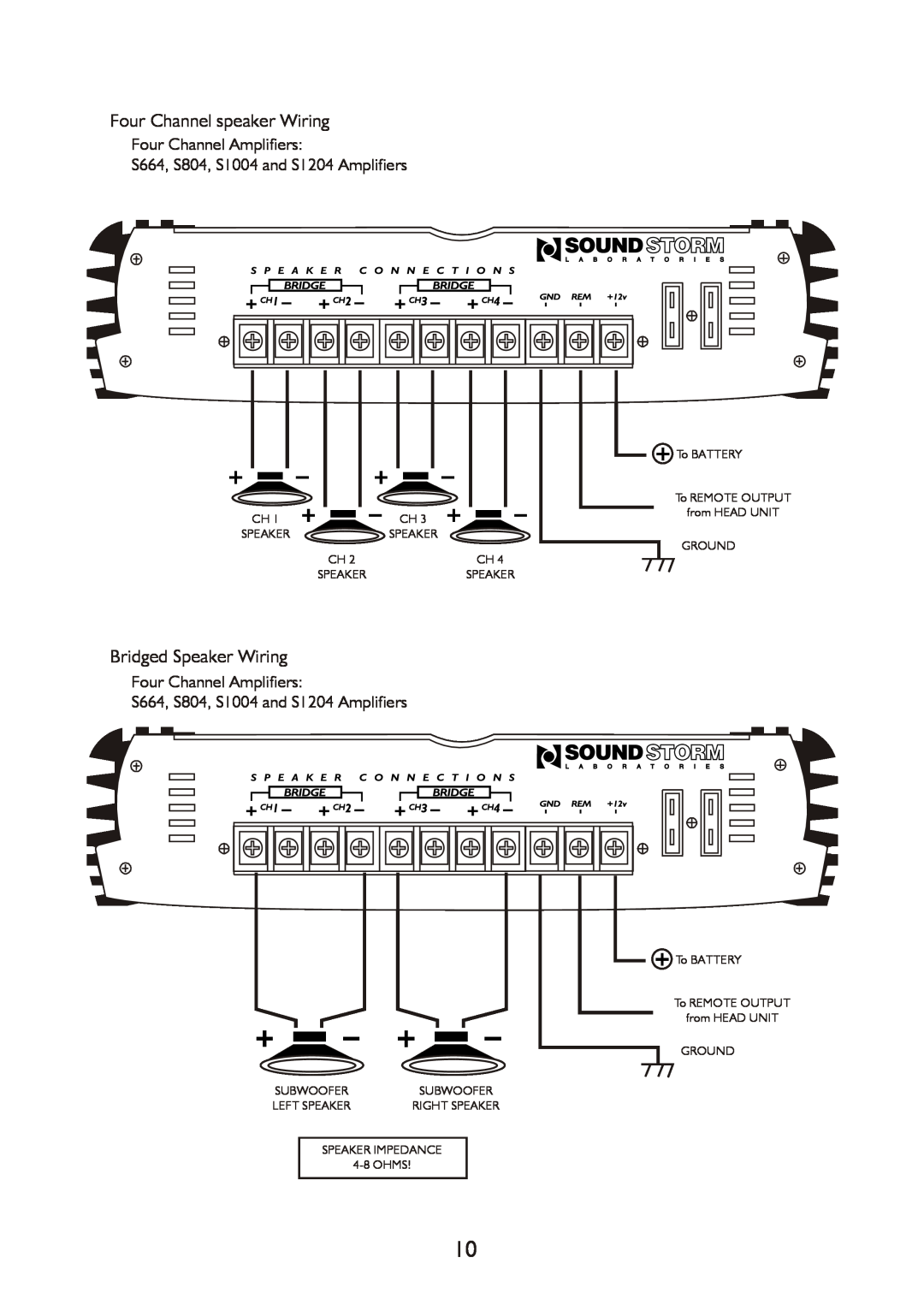 Sound Storm Laboratories Amplifiers manual Four Channel speaker Wiring, Bridged Speaker Wiring 