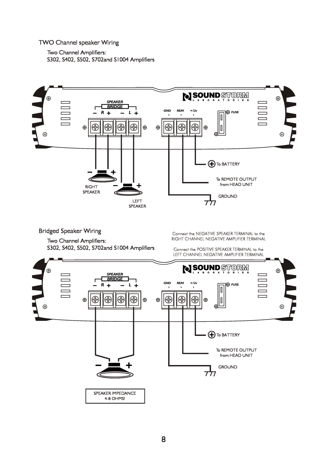 Sound Storm Laboratories Amplifiers manual TWO Channel speaker Wiring, Bridged Speaker Wiring 