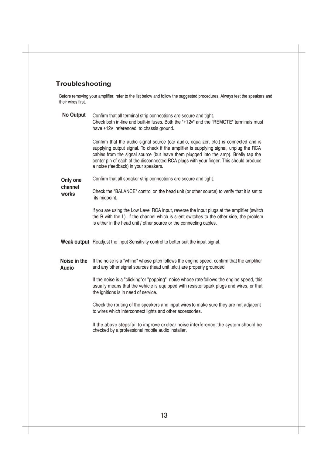 Sound Storm Laboratories D650.2, D500.4, D1000.2, D400.2, D350.4 user manual Troubleshooting, Noise in the Audio 