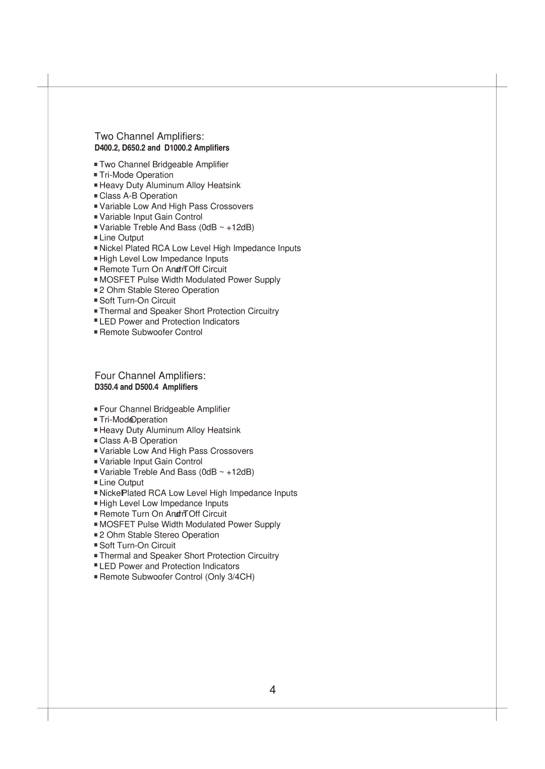 Sound Storm Laboratories D350.4, D500.4, D1000.2, D400.2, D650.2 user manual Two Channel Amplifiers, Four Channel Amplifiers 