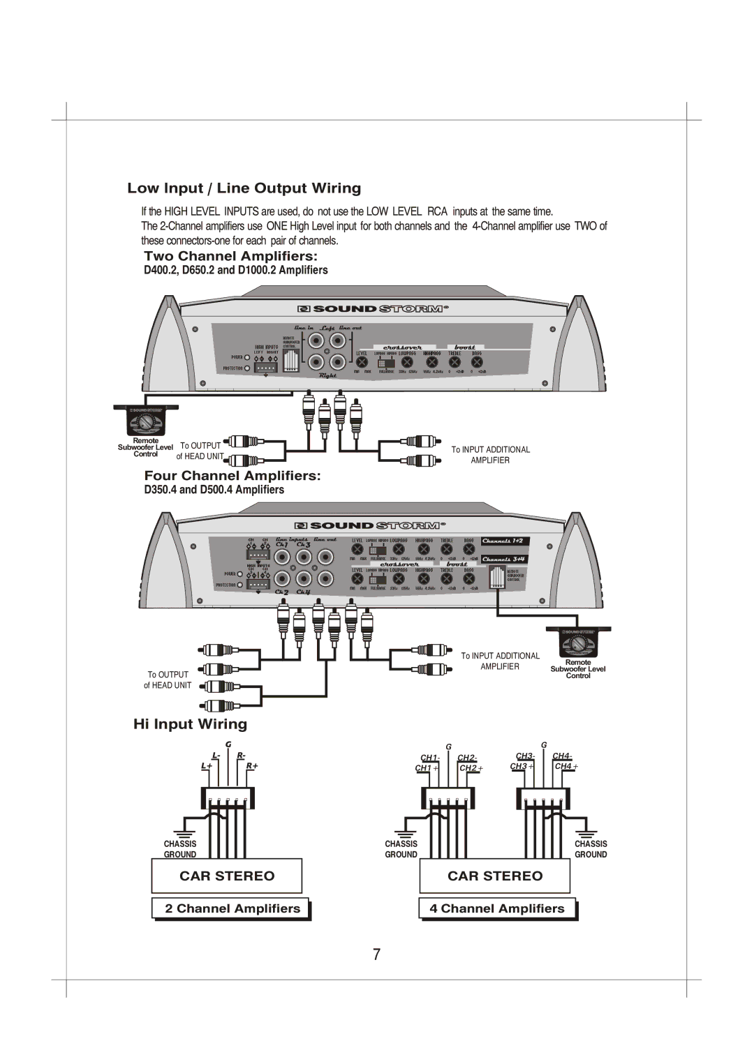 Sound Storm Laboratories D400.2, D500.4, D1000.2, D650.2, D350.4 user manual Low Input / Line Output Wiring, Hi Input Wiring 