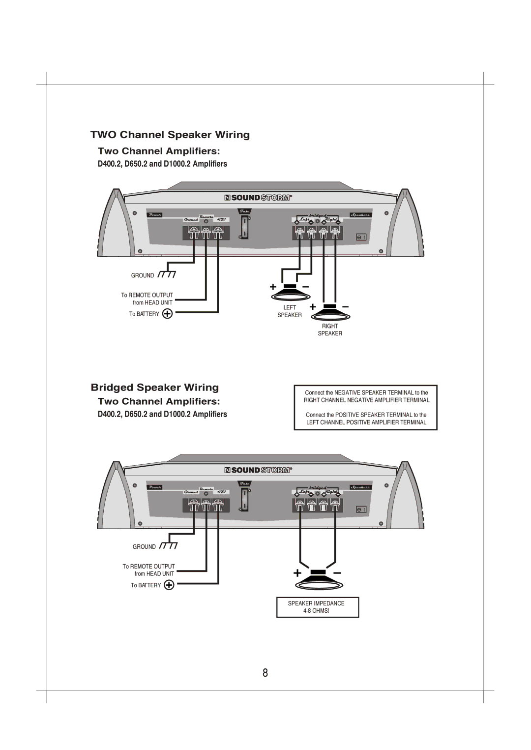 Sound Storm Laboratories D650.2, D500.4, D1000.2, D400.2, D350.4 user manual TWO Channel Speaker Wiring, Bridged Speaker Wiring 