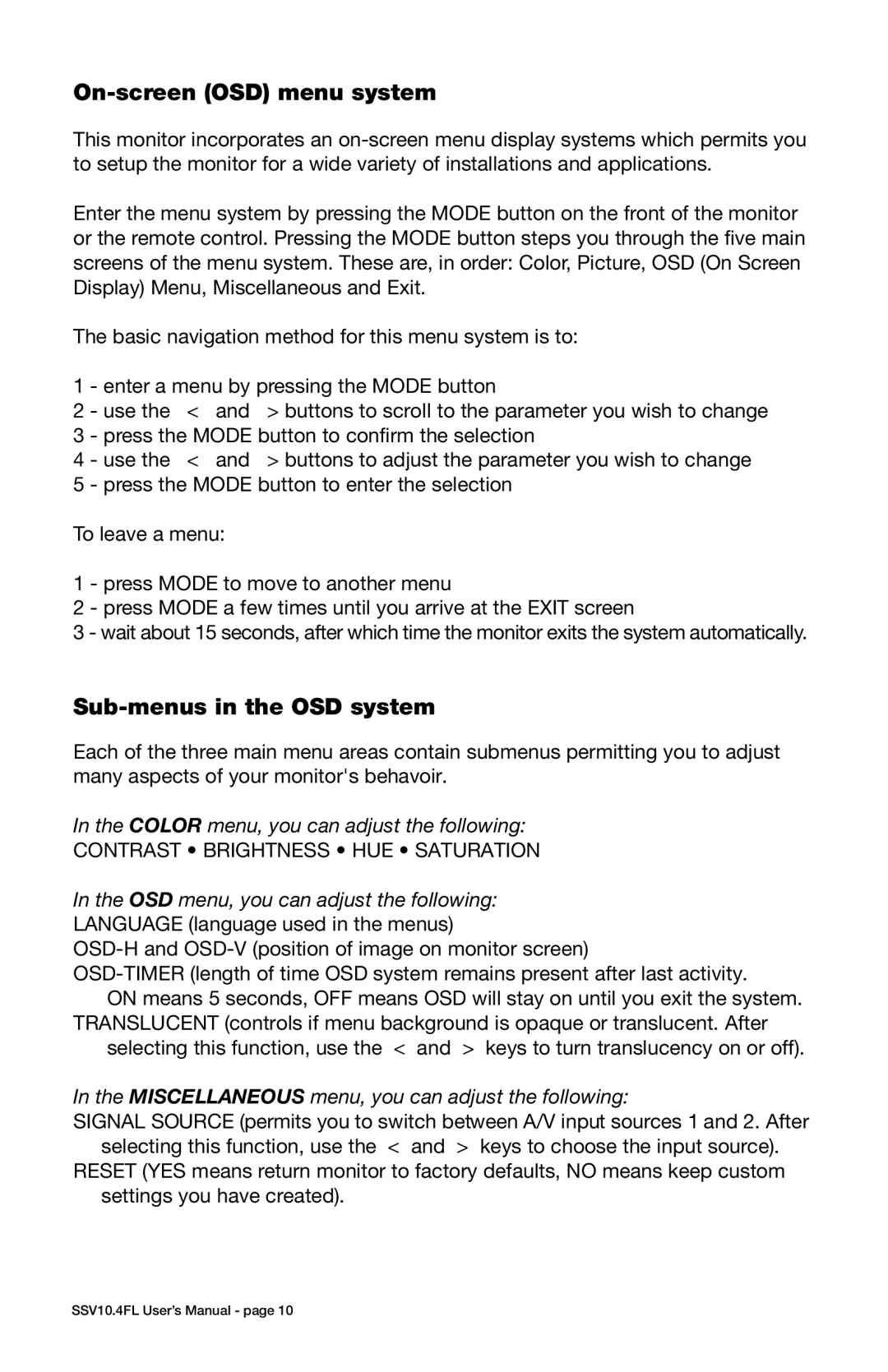 Sound Storm Laboratories SSV10.4FL user manual On-screen OSD menu system, Sub-menus in the OSD system 