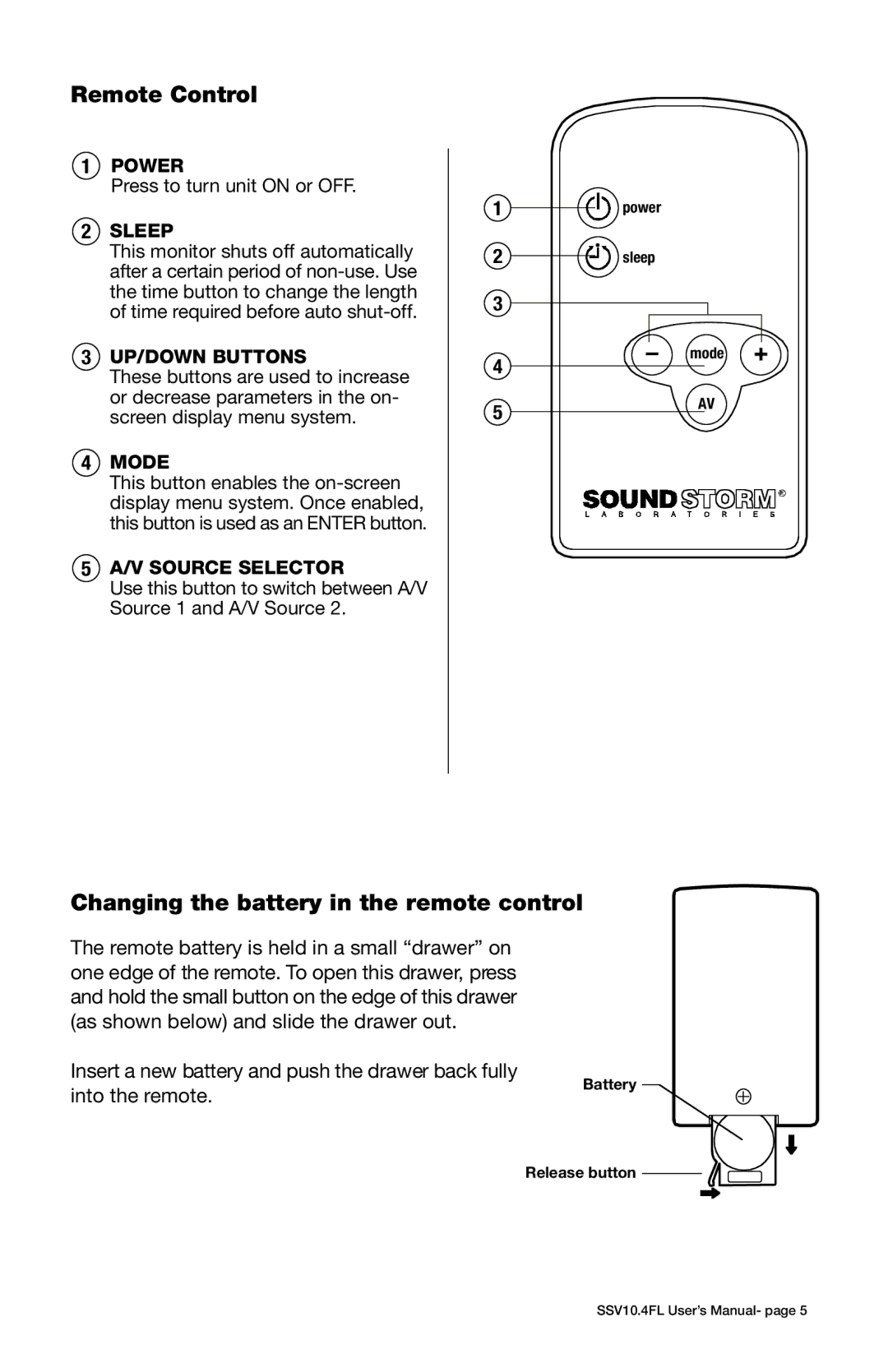 Sound Storm Laboratories SSV10.4FL user manual Remote Control, Changing the battery in the remote control, Power, Sleep 