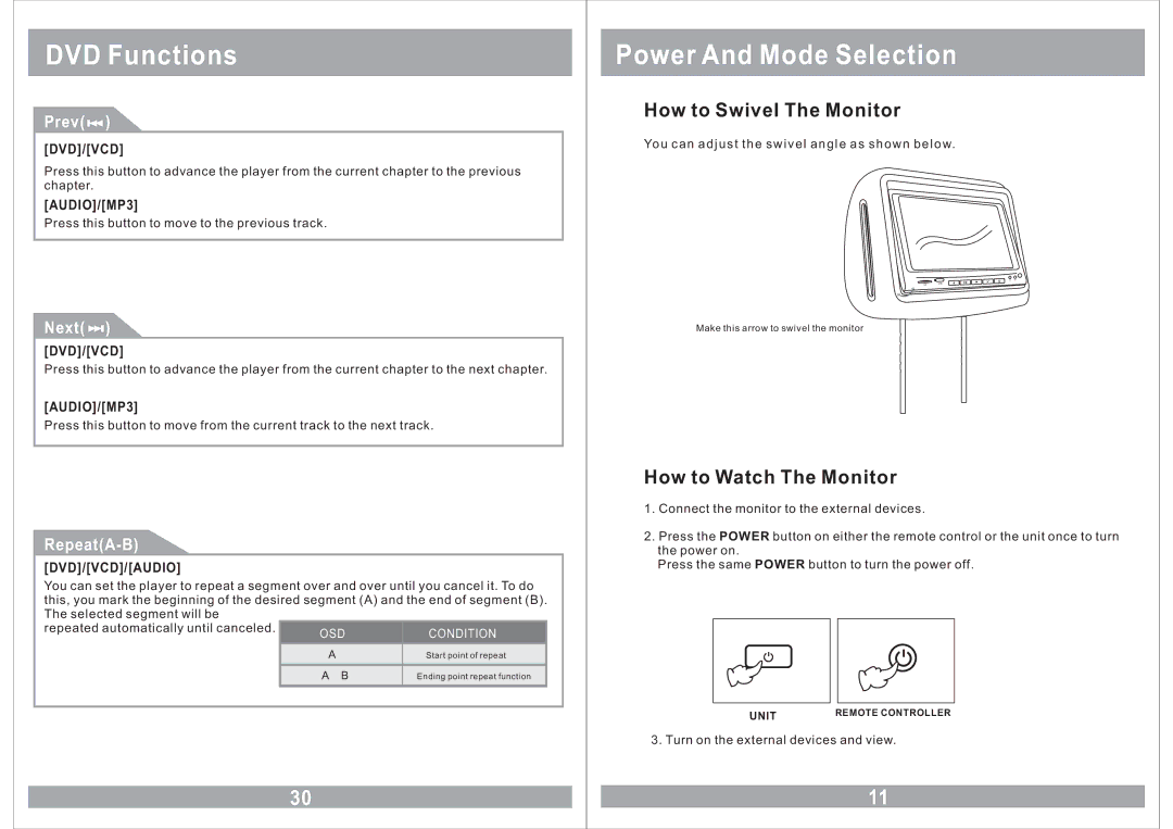 Sound Stream VHD-9BK manual Power And Mode Selection, Prev 