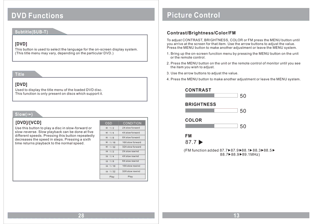 Sound Stream VHD-9BK manual Picture Control, Dvd/Vcd 