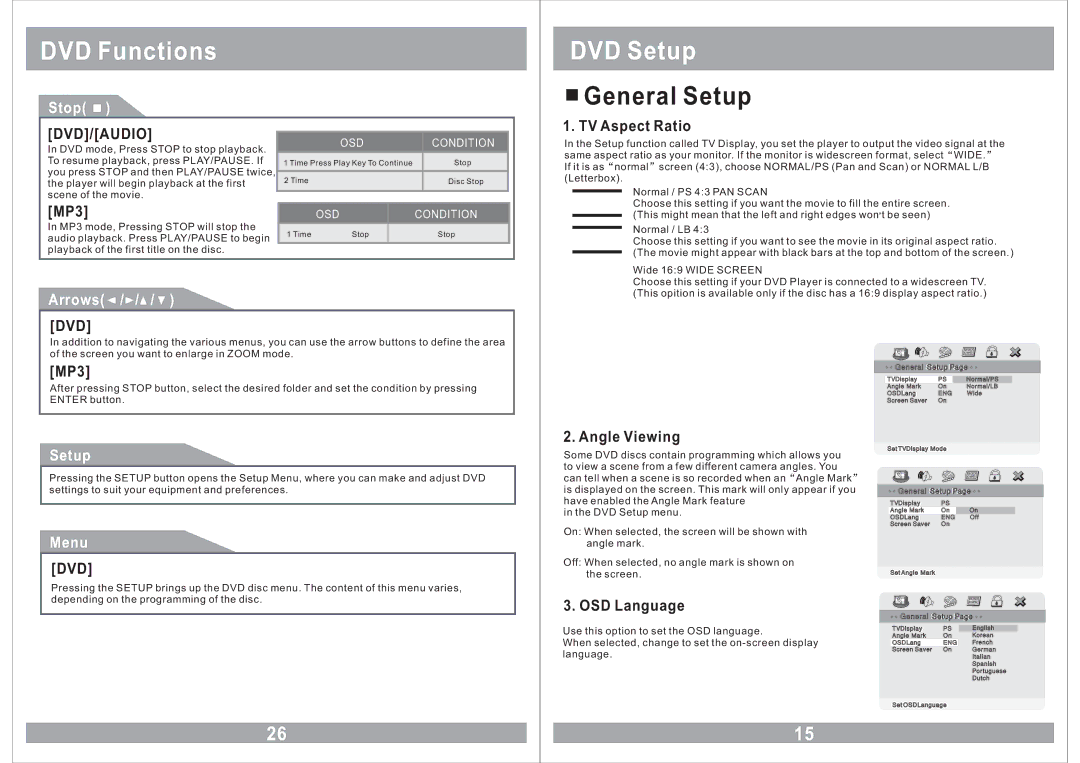 Sound Stream VHD-9BK manual General Setup, Dvd/Audio, TV Aspect Ratio, Angle Viewing, OSD Language 