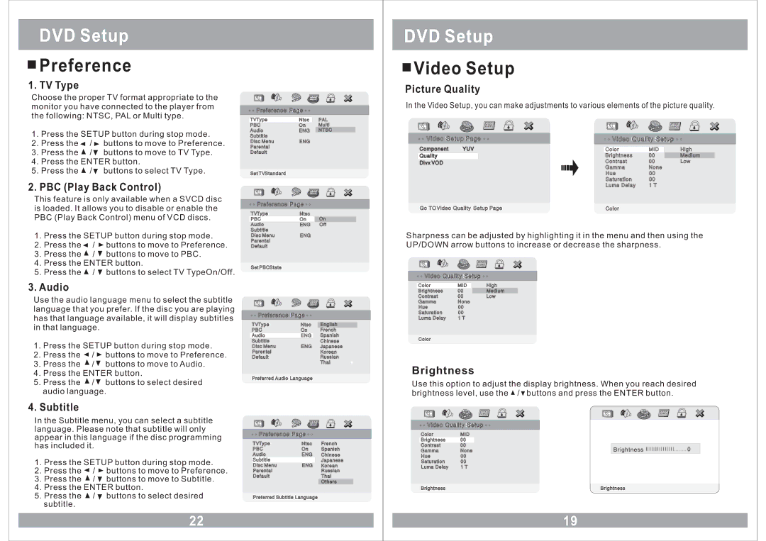 Sound Stream VHD-9BK manual Preference, Video Setup, Brightness 