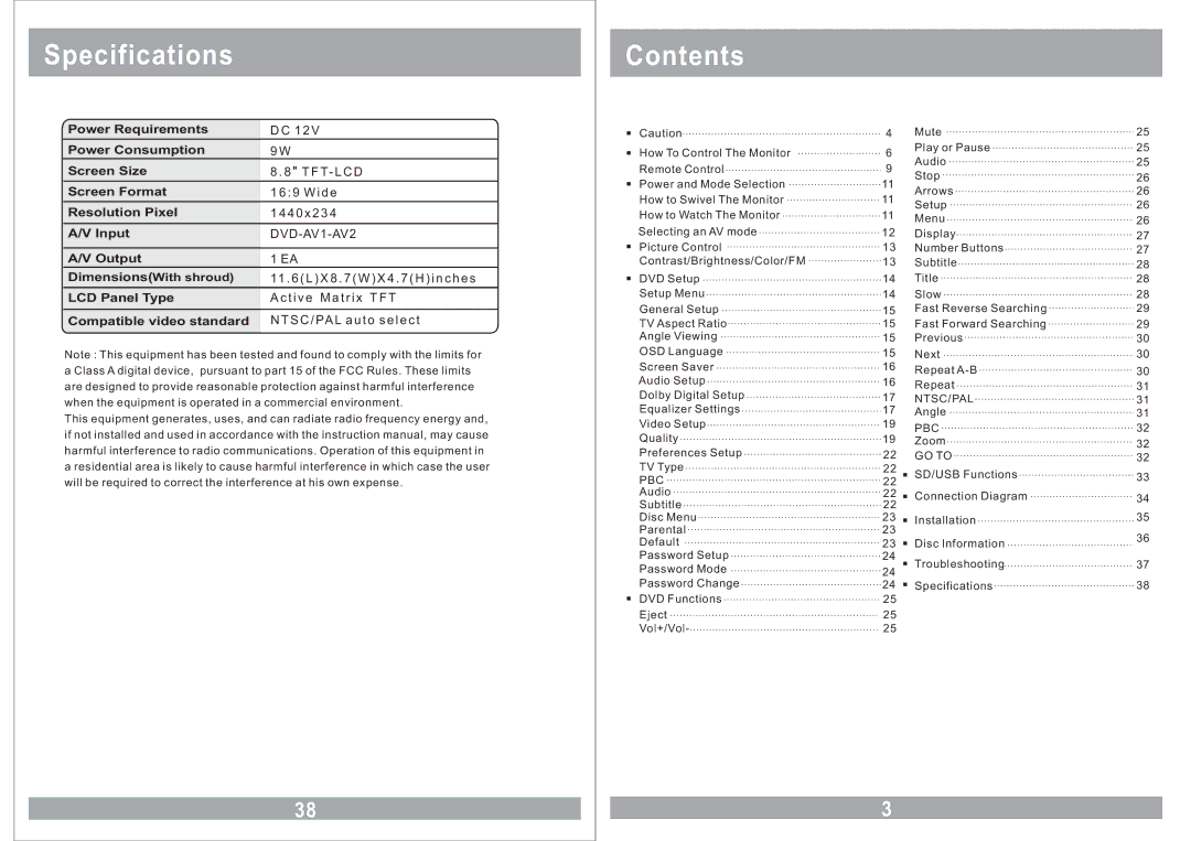 Sound Stream VHD-9BK manual Specifications, Contents 