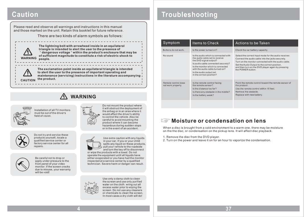 Sound Stream VHD-9BK manual Troubleshooting, Symptom Items to Check Actions to be Taken 