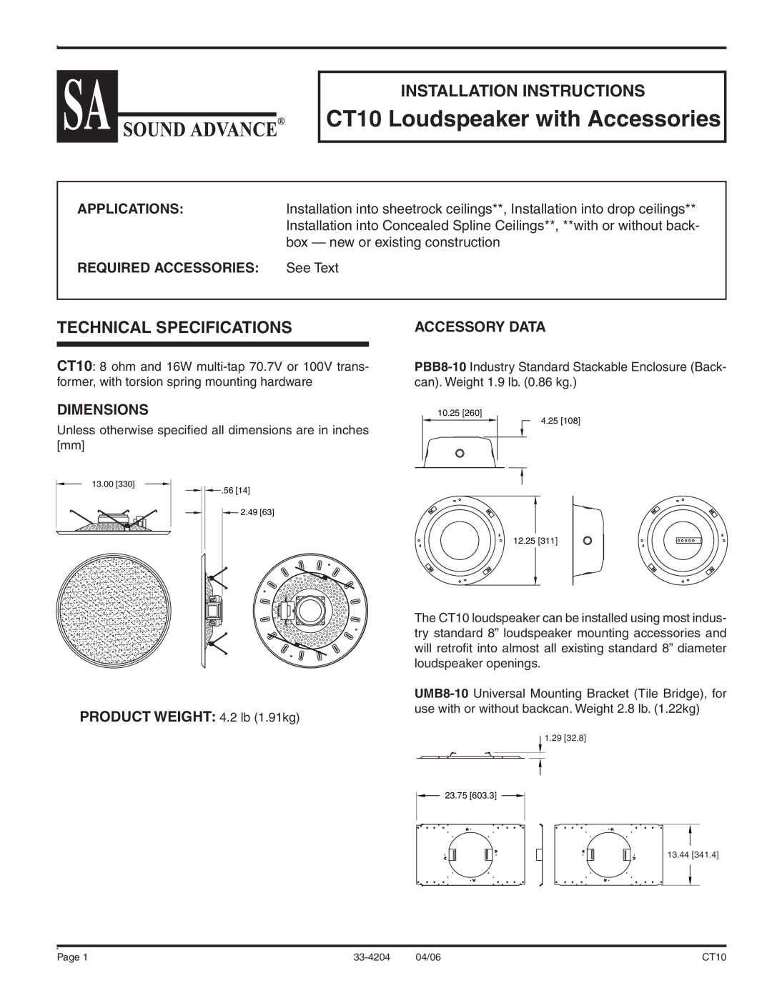 Sound Tech CT10 installation instructions Installation Instructions, Technical Specifications 