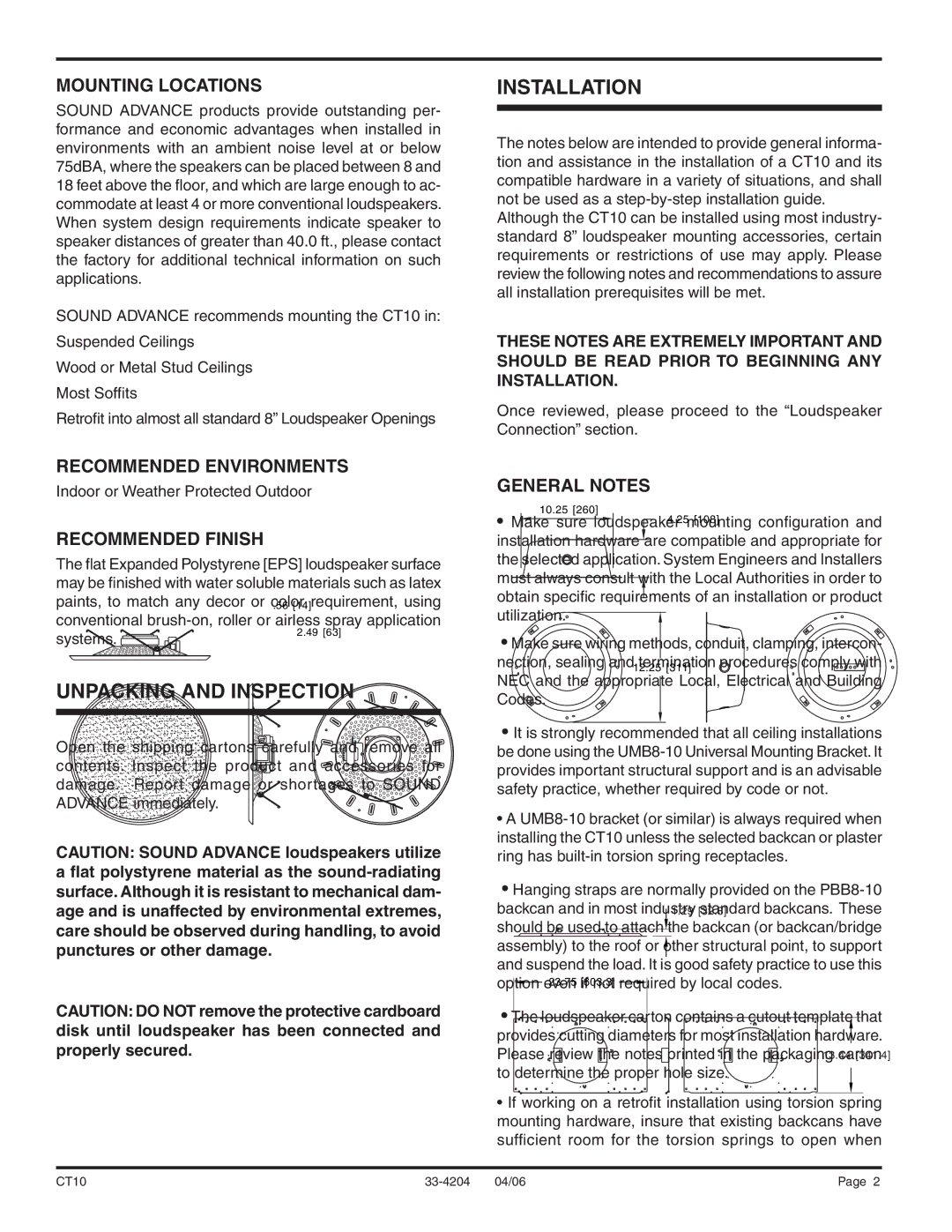 Sound Tech CT10 installation instructions Unpacking and Inspection, Installation 