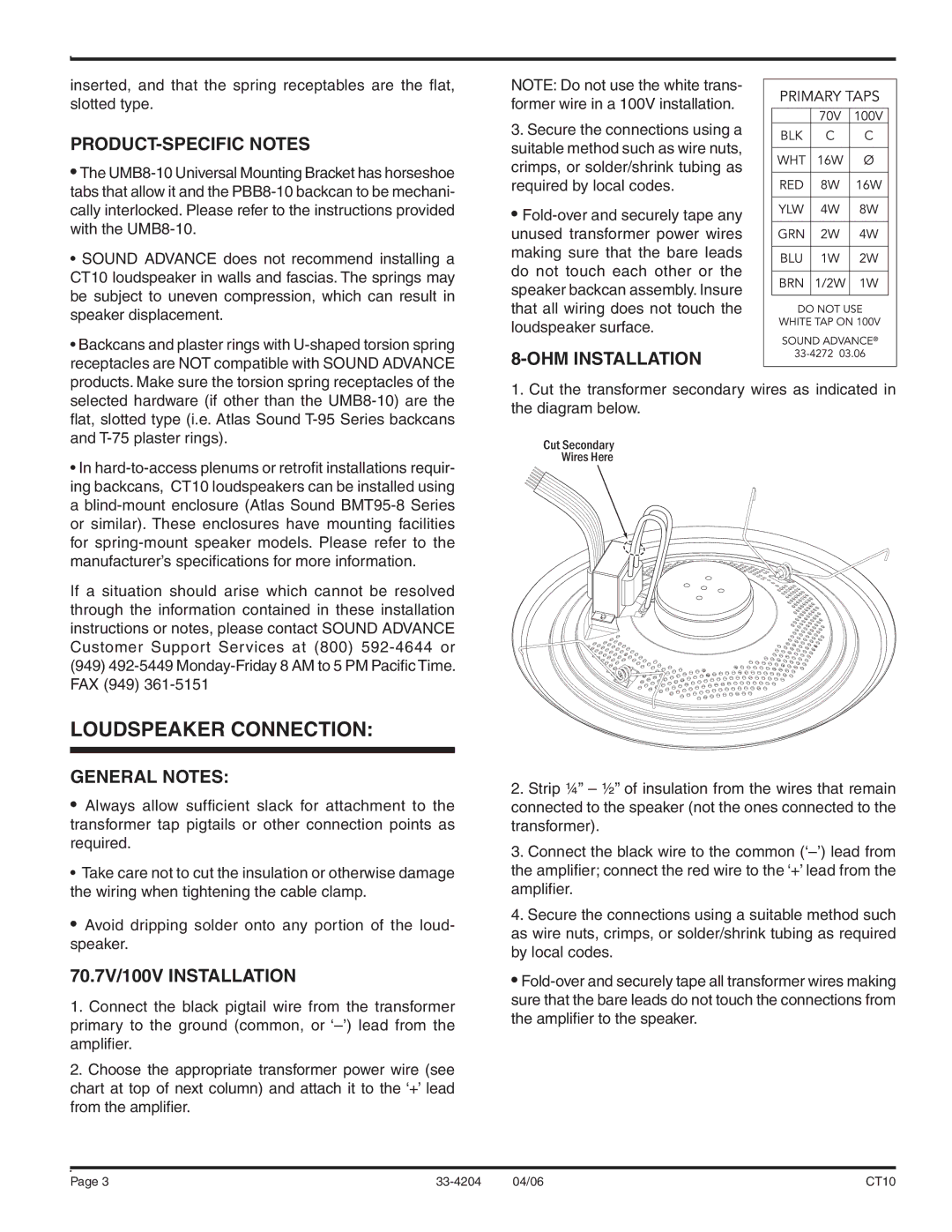 Sound Tech CT10 Loudspeaker Connection, PRODUCT-SPECIFIC Notes, 70.7V/100V Installation, OHM Installation 