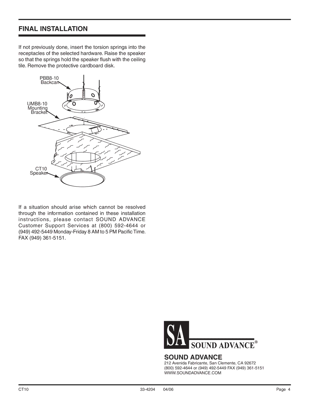 Sound Tech CT10 installation instructions Final Installation, Sound Advance 