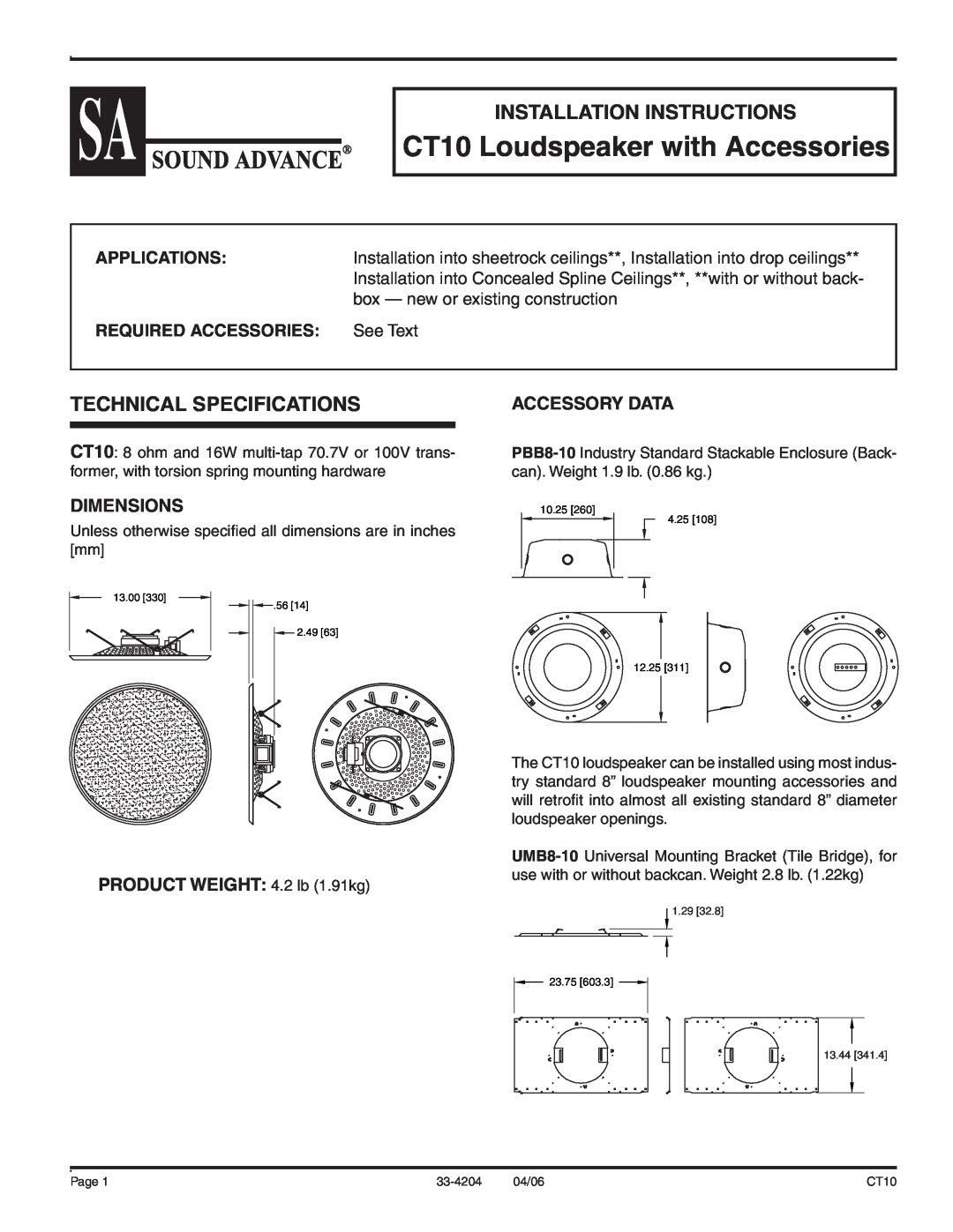 Sound Tech CT10 installation instructions Installation Instructions, Technical Specifications, Applications, Dimensions 