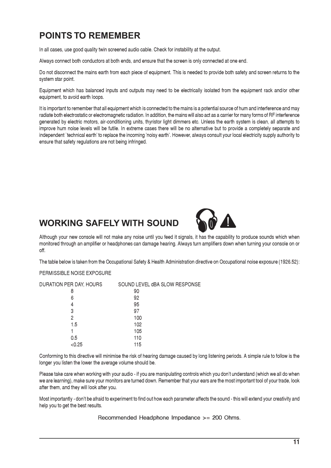 SoundCraft 1601S manual Points to Remember, Working Safely with Sound 