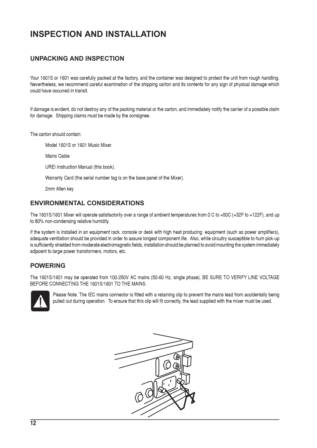 SoundCraft 1601S manual Inspection and Installation, Unpacking and Inspection, Environmental Considerations, Powering 