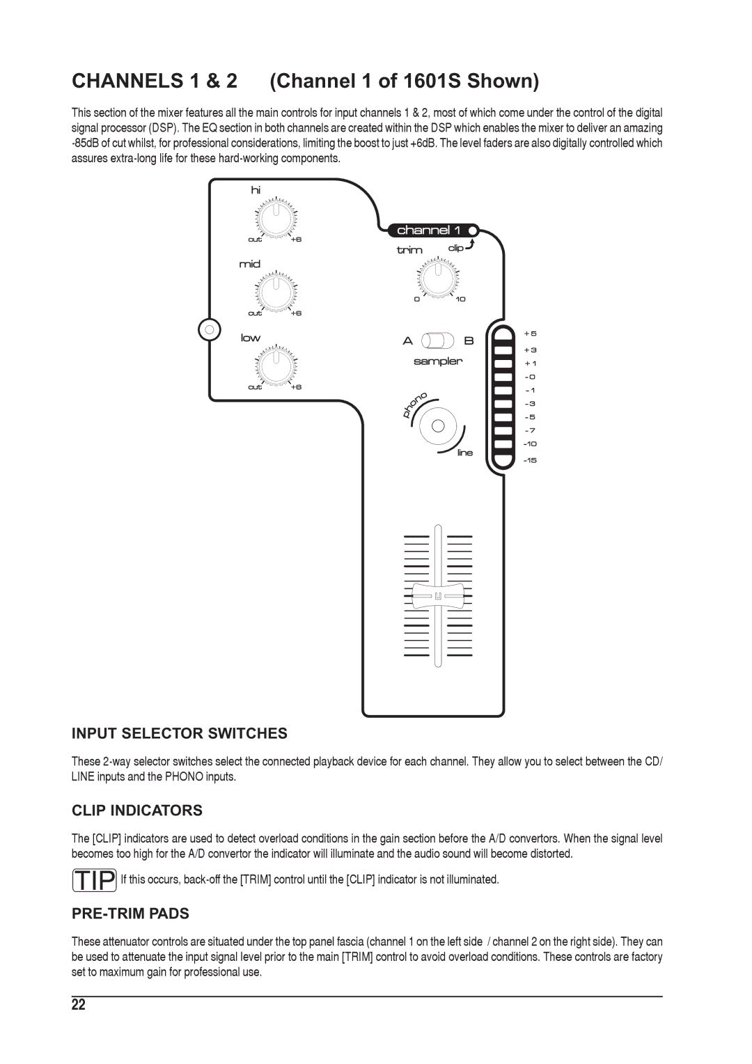 SoundCraft 1601S manual Input Selector Switches, Clip Indicators, PRE-TRIM Pads 