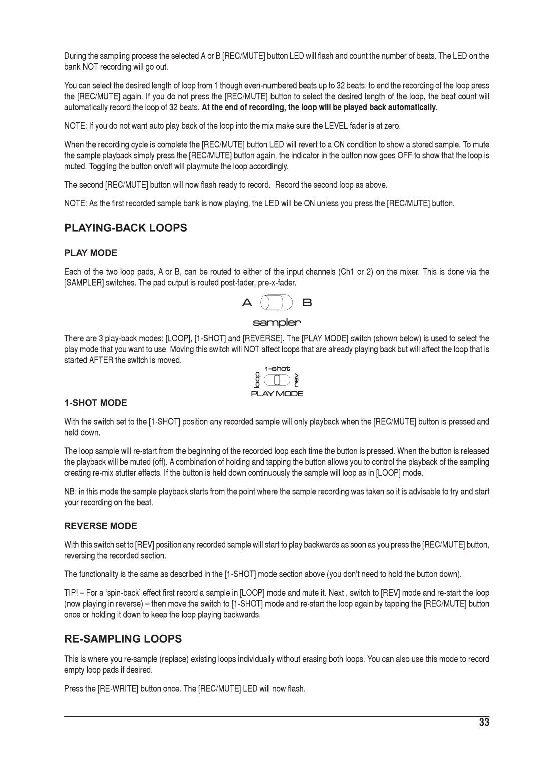 SoundCraft 1601S manual PLAYING-BACK Loops, RE-SAMPLING Loops, Play Mode, Shot Mode, Reverse Mode 