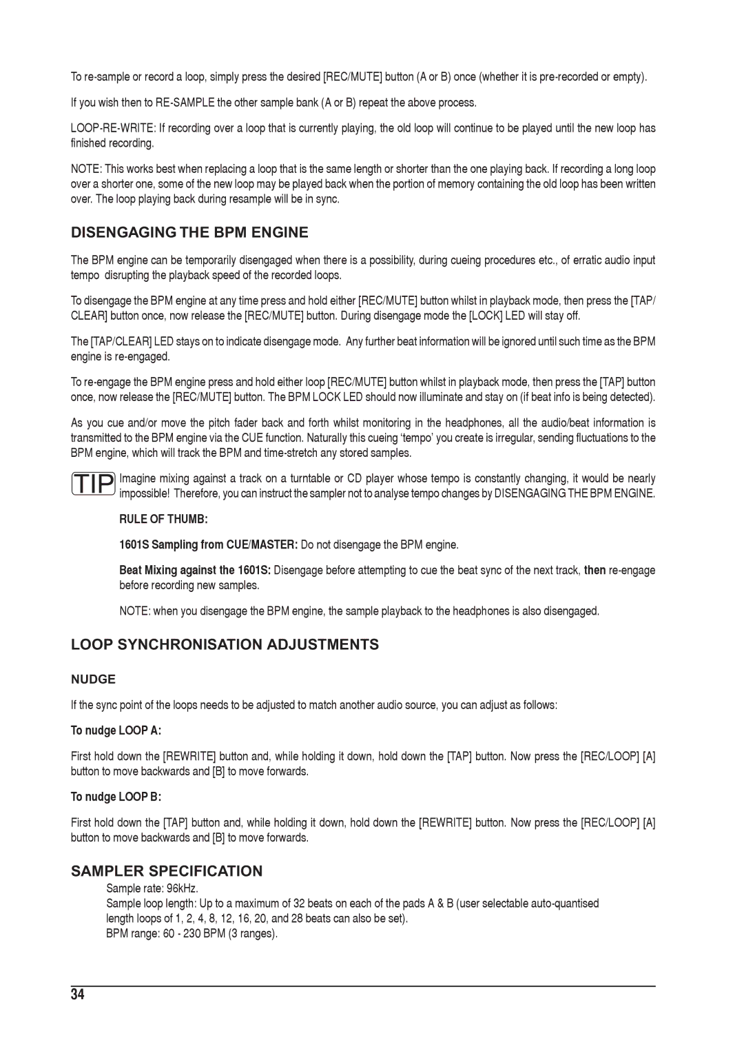 SoundCraft 1601 Disengaging the BPM Engine, Loop Synchronisation Adjustments, Sampler Specification, Rule of Thumb, Nudge 