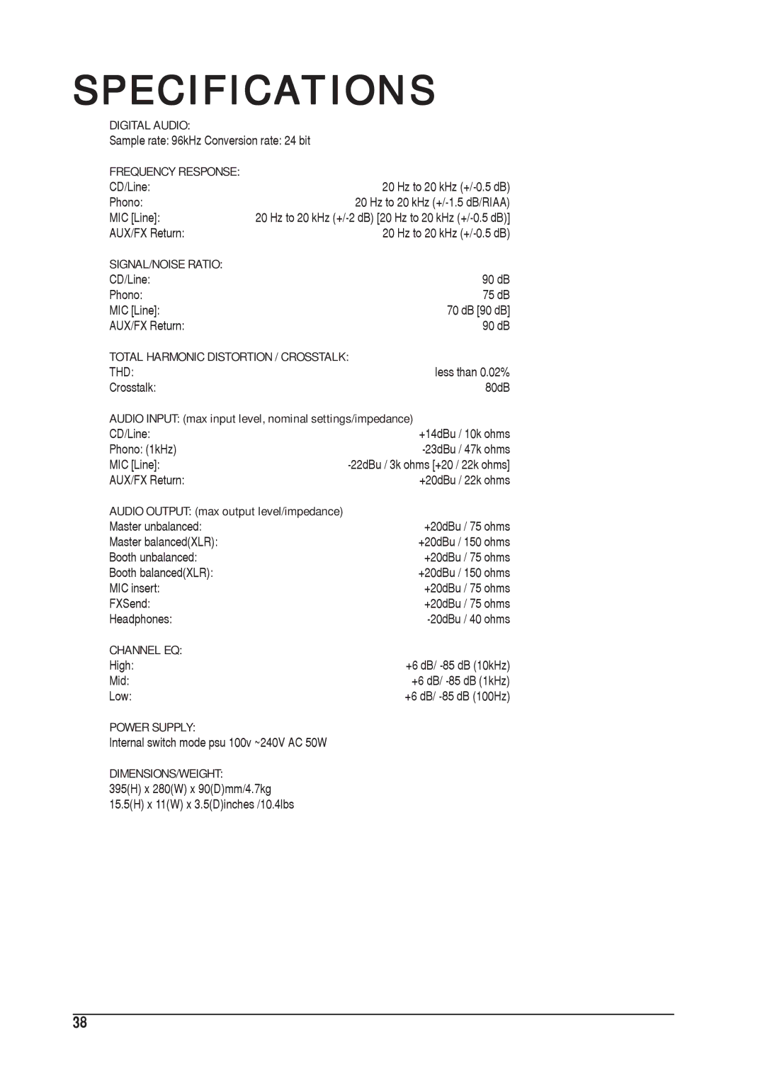 SoundCraft 1601S manual Specifications 