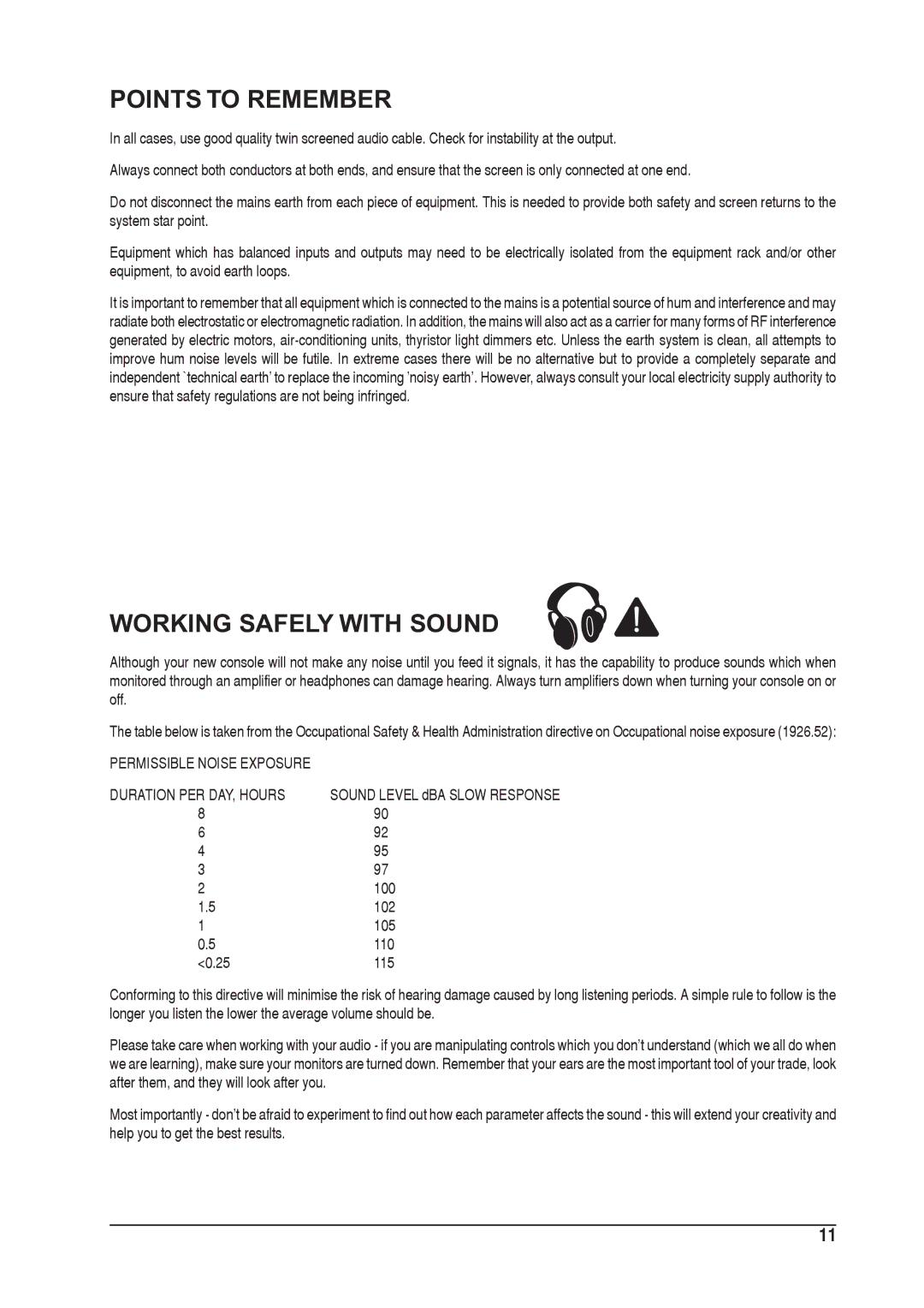 SoundCraft 1601E manual Points to Remember, Working Safely with Sound 