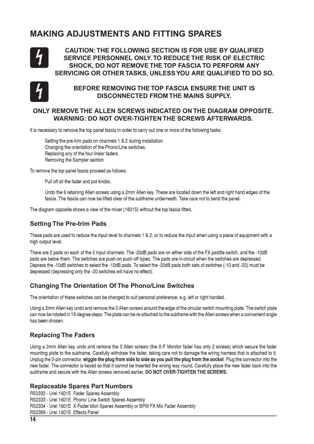 SoundCraft 1601E manual Making Adjustments and Fitting Spares, Setting The Pre-trim Pads, Replacing The Faders 