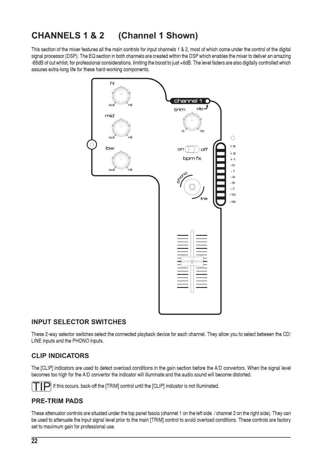 SoundCraft 1601E manual Input Selector Switches, Clip Indicators, PRE-TRIM Pads 