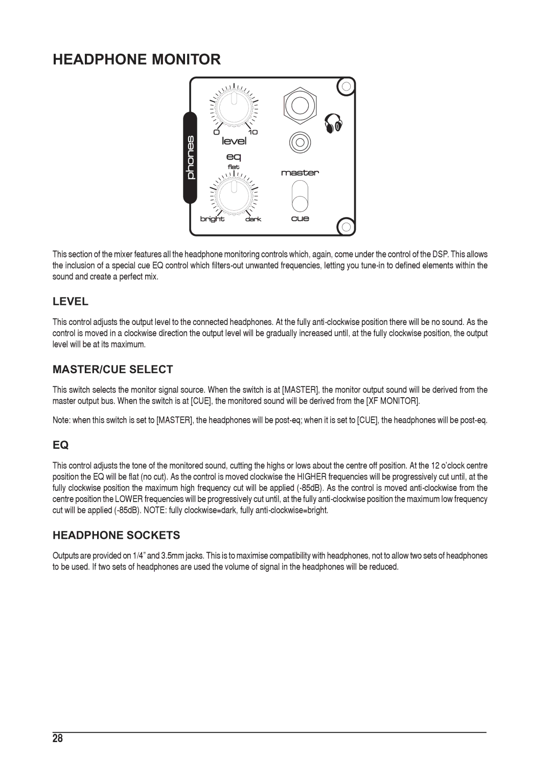 SoundCraft 1601E manual Headphone Monitor, Level, MASTER/CUE Select, Headphone Sockets 