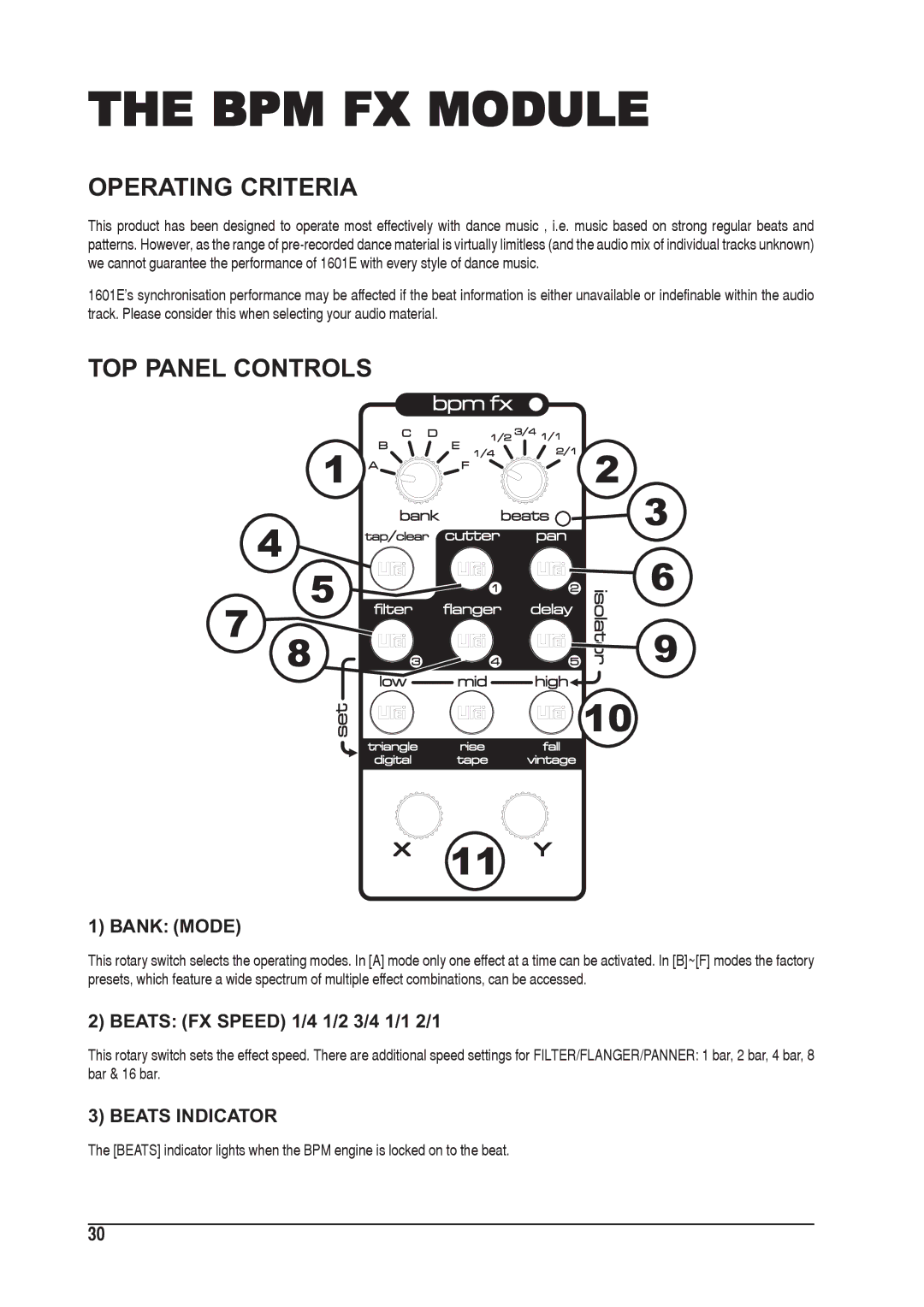 SoundCraft 1601E manual BPM FX Module, Operating Criteria, TOP Panel Controls, Bank Mode, Beats Indicator 