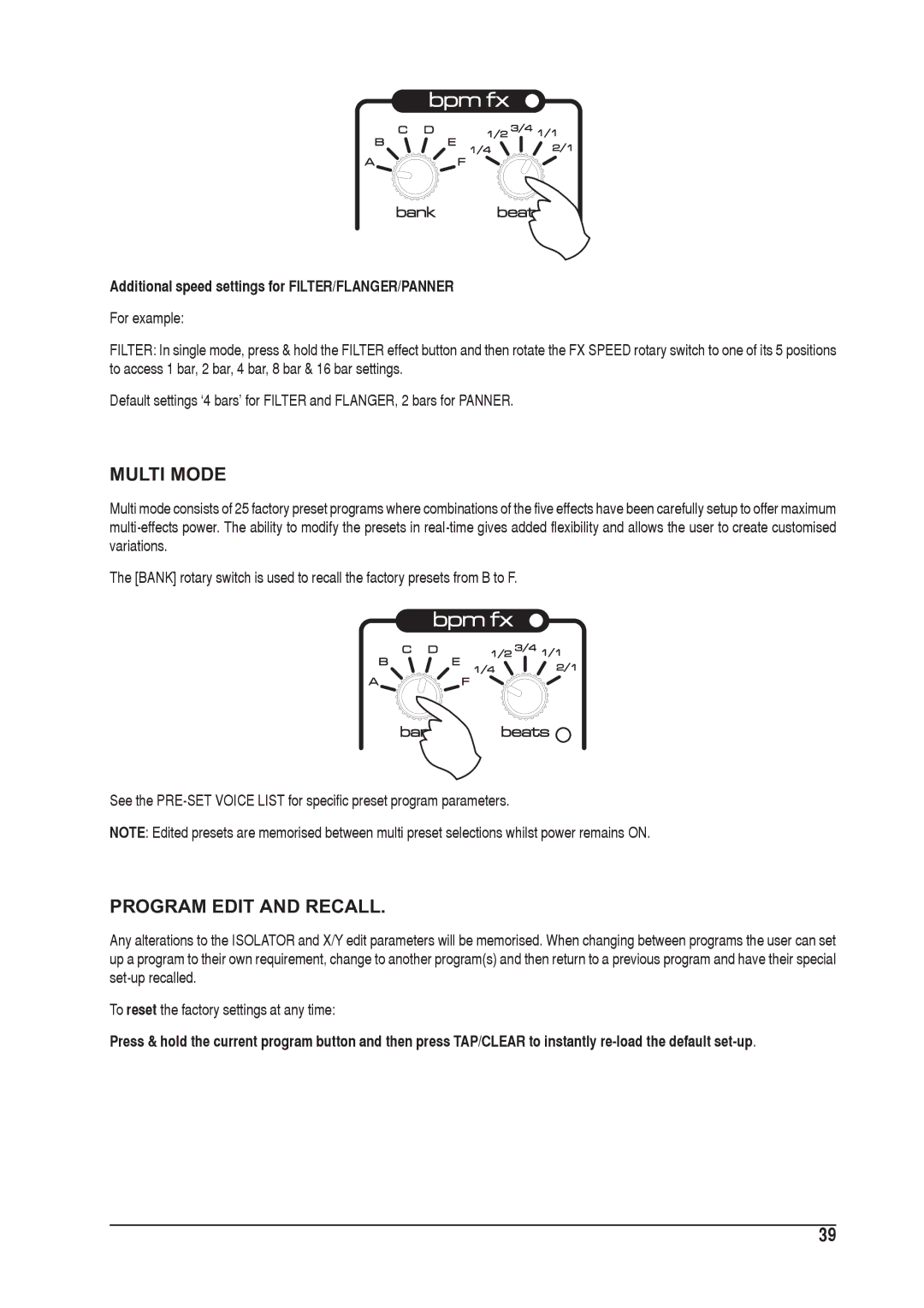 SoundCraft 1601E manual Multi Mode, Program Edit and Recall, Additional speed settings for FILTER/FLANGER/PANNER 