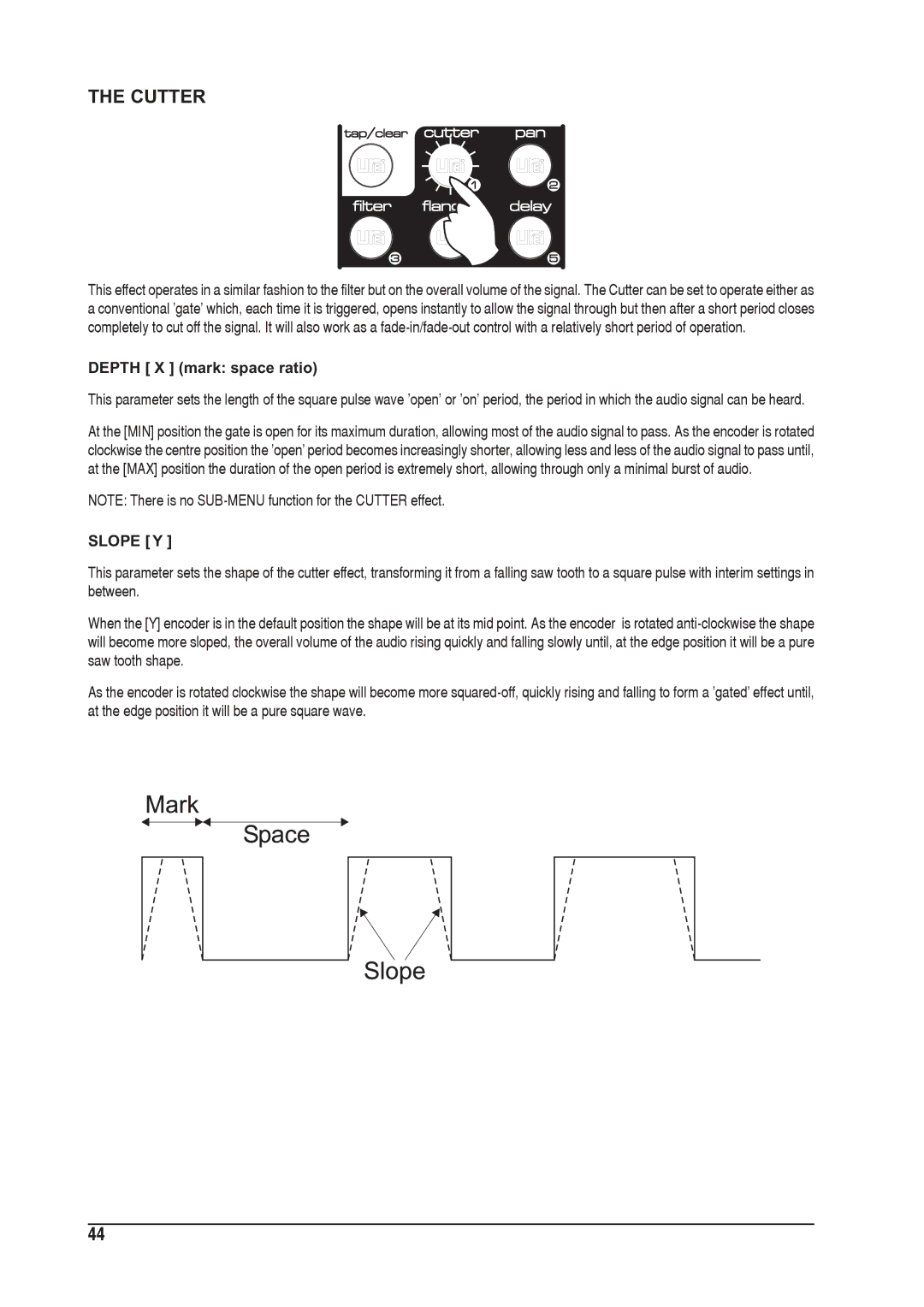 SoundCraft 1601E manual Cutter, Depth X mark space ratio, Slope Y 