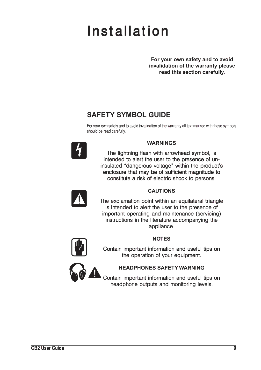 SoundCraft 1GB2 manual Installation, Safety Symbol Guide 