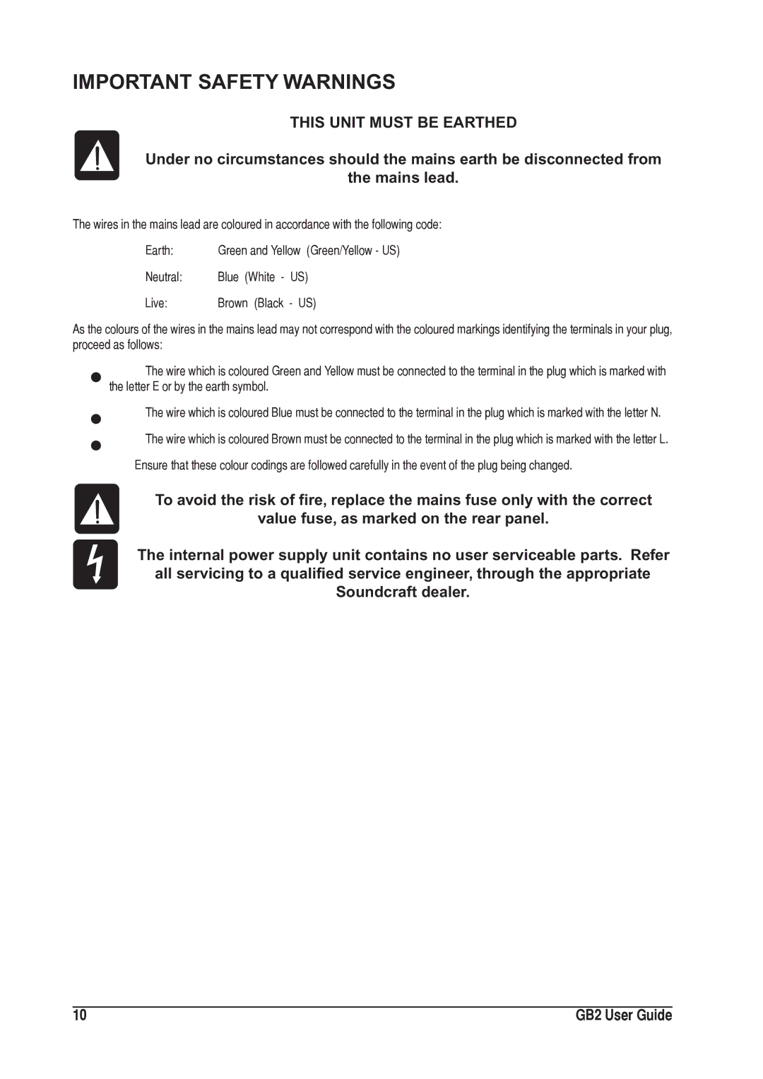 SoundCraft 1GB2 manual Important Safety Warnings 