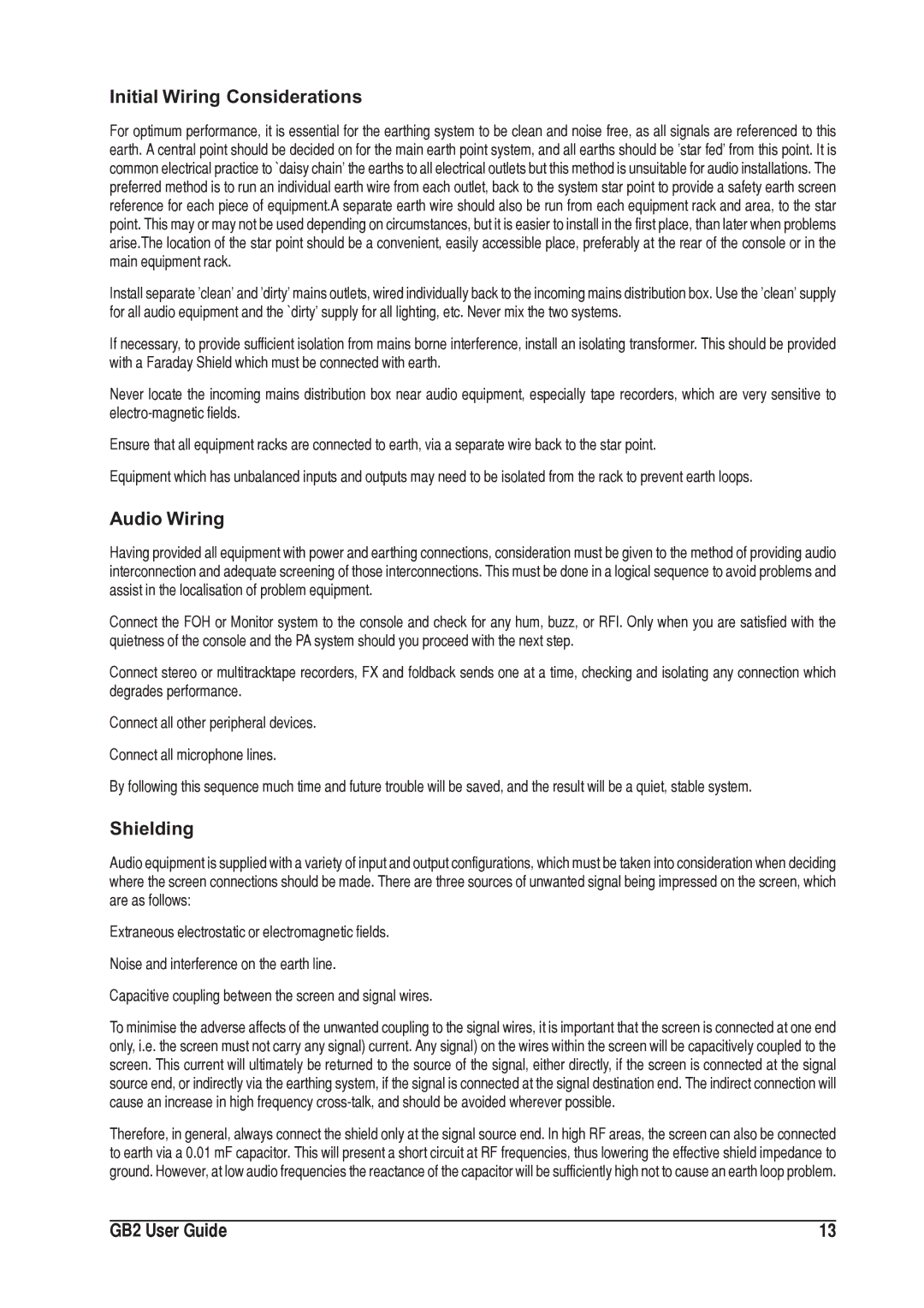 SoundCraft 1GB2 manual Initial Wiring Considerations, Audio Wiring, Shielding 